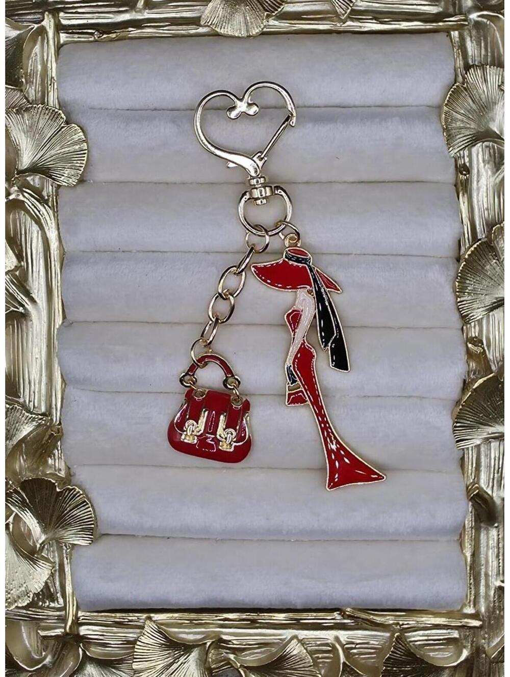 Chic Red Enamel Lady and Handbag Keychain Charm